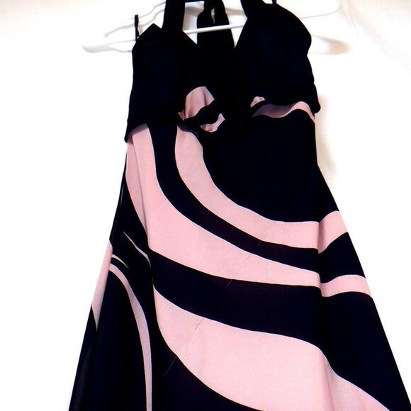 Junior womens black and pink swirl halter top asymmetrical dress - Picture 3 of 4